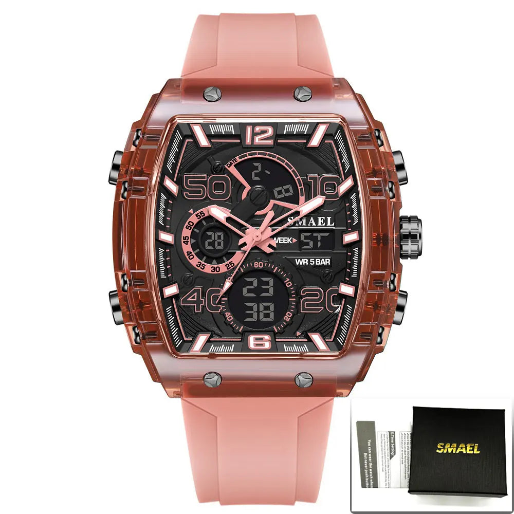 SMAEL Tonneau Dial Men's Watch Multifunctional Sport Waterproof LED Digital Dual Display Leisure Student Electronic Watches Male