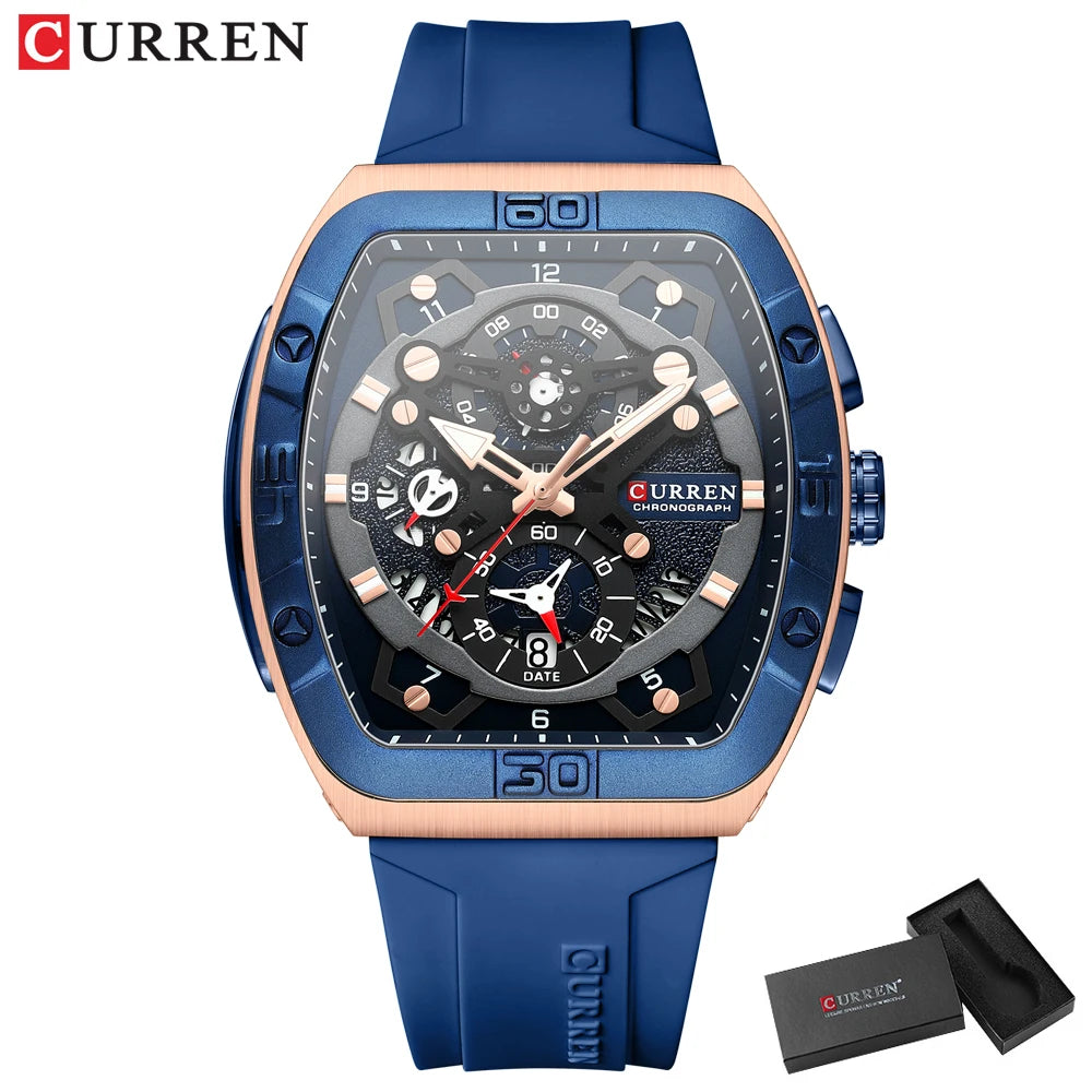 CURREN Luxury Sports Quartz Wristwatches for Men Colorful Multi Functional Tonneau Type Watch with Auto Date