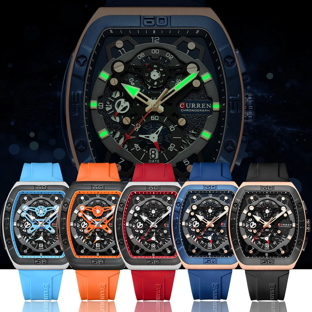 CURREN Luxury Sports Quartz Wristwatches for Men Colorful Multi Functional Tonneau Type Watch with Auto Date