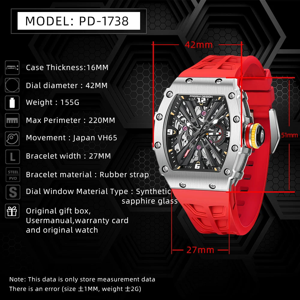 PAGANI DESIGN 2025 Luxury Mens Quartz Watches Barrel Shape Waterproof Wrist Watch For Men VH65 Silicone Luminous Sapphire Mirror