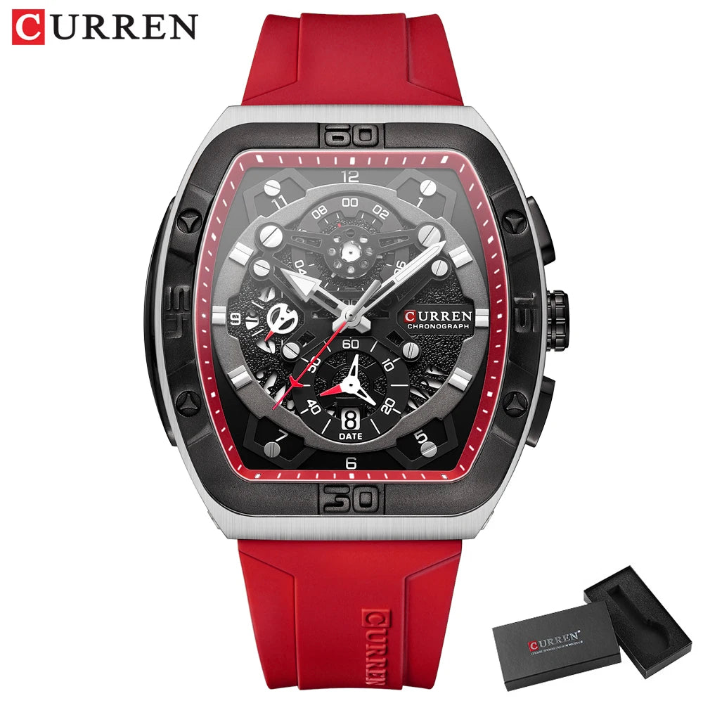 CURREN Luxury Sports Quartz Wristwatches for Men Colorful Multi Functional Tonneau Type Watch with Auto Date