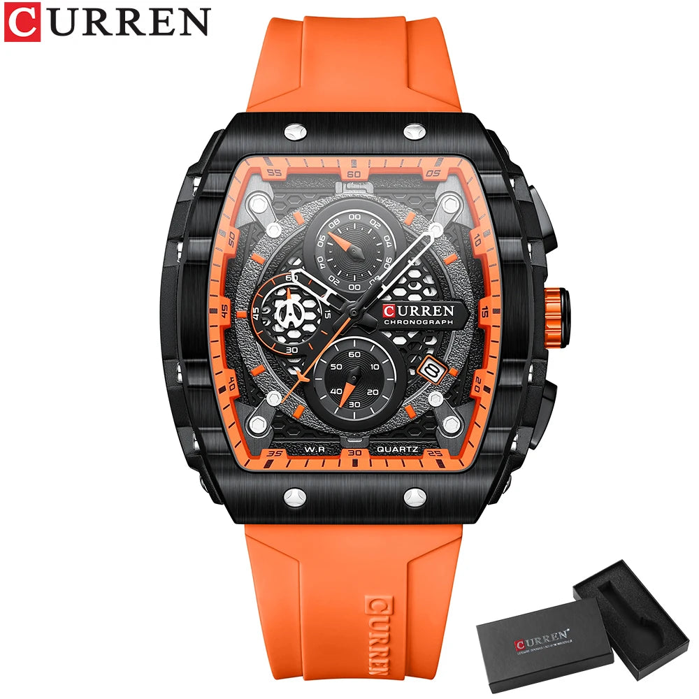 CURREN Square  Quartz Wristwatches Silicone Straps Men's Watches With Auto Date Casual Chronograph Waterproof Luminous Clock Mal