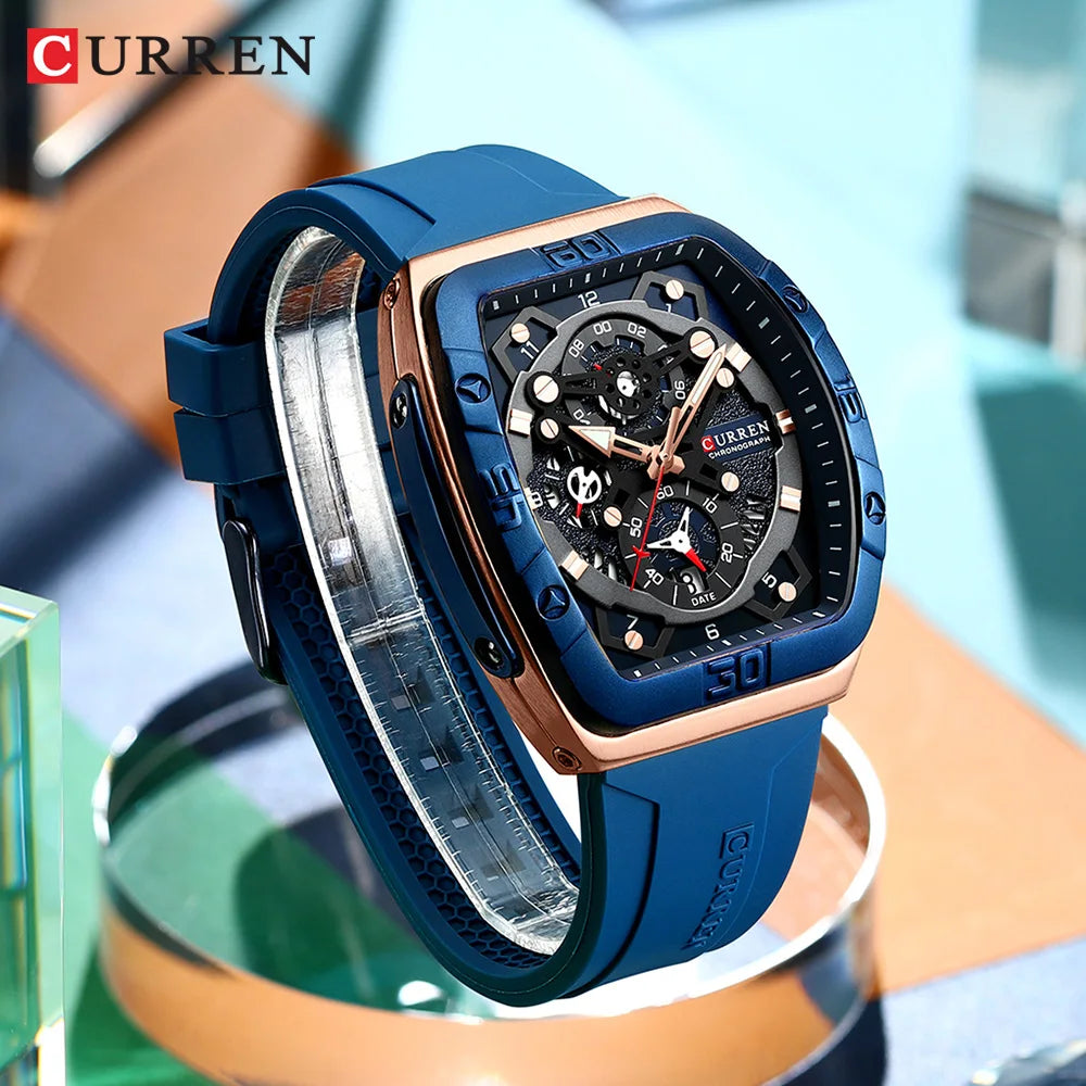 CURREN Luxury Sports Quartz Wristwatches for Men Colorful Multi Functional Tonneau Type Watch with Auto Date