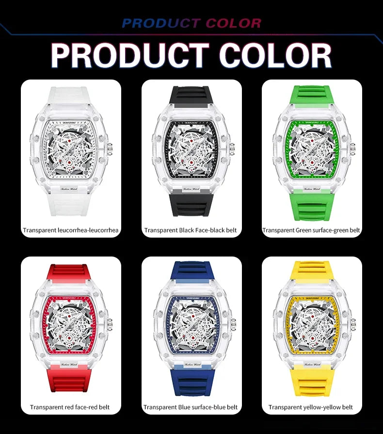 Fashionable Casual Men's Watch Luminous Calendar Function Silicone Strap Tonneau Shaped Transparent Case Men Quartz Watch Reloj