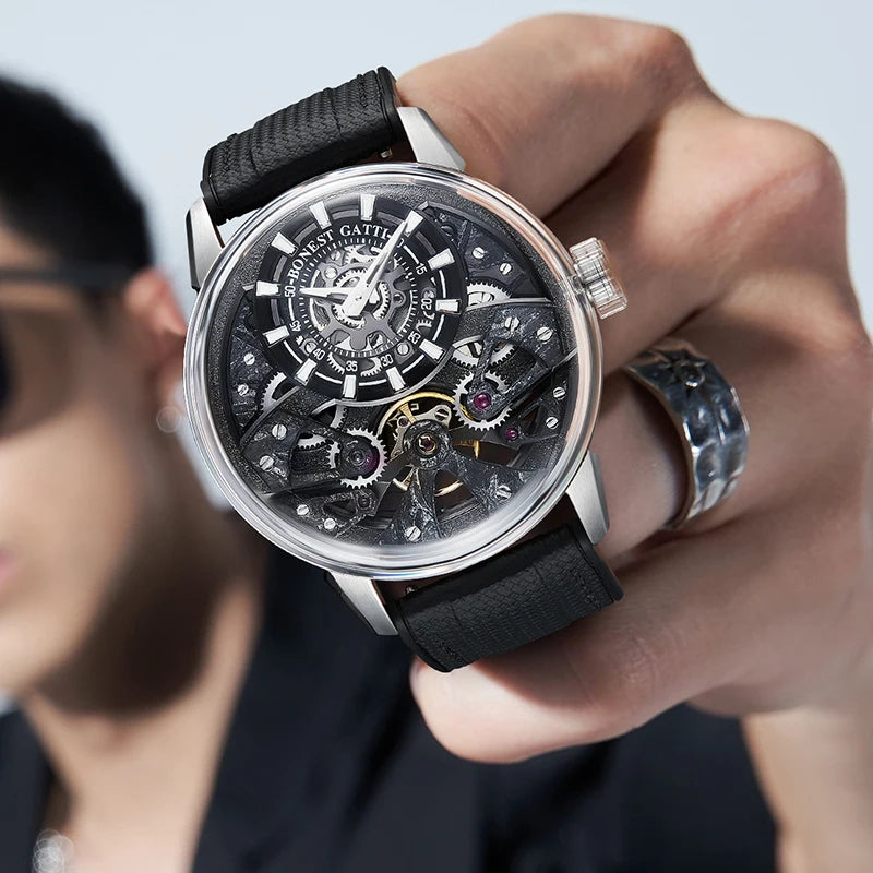 BONEST GATTI Men's Automatic Mechanical Watch with Sapphire Crystal, 316 Stainless Steel, Skeleton Movement, Waterproof, German