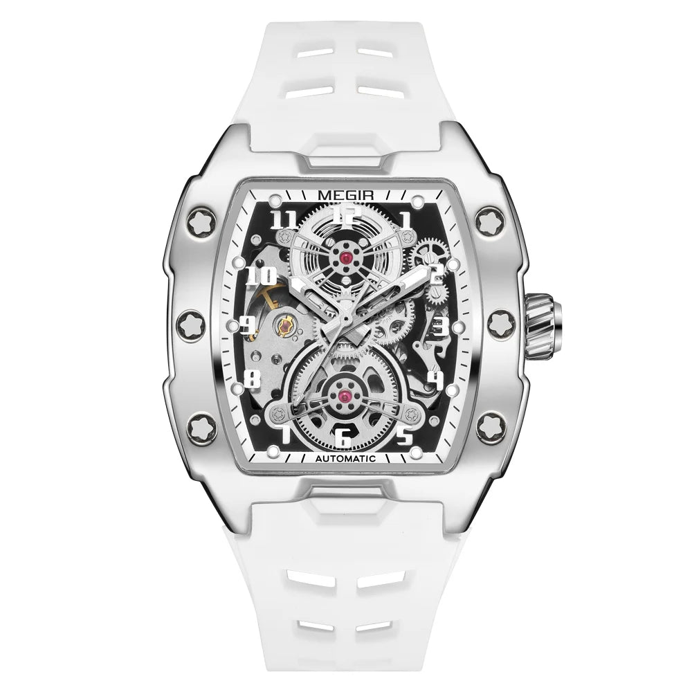 MEGIR Blue Automatic Mechanical Watch for Men Fashion Casual Sport Waterproof Wristwatch Male with Silicone Strap Tonneau Dial