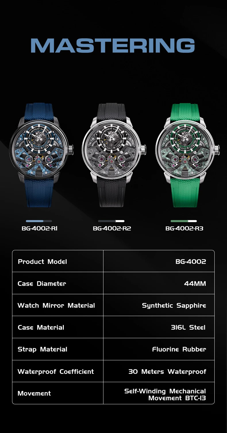 BONEST GATTI Men's Automatic Mechanical Watch with Sapphire Crystal, 316 Stainless Steel, Skeleton Movement, Waterproof, German