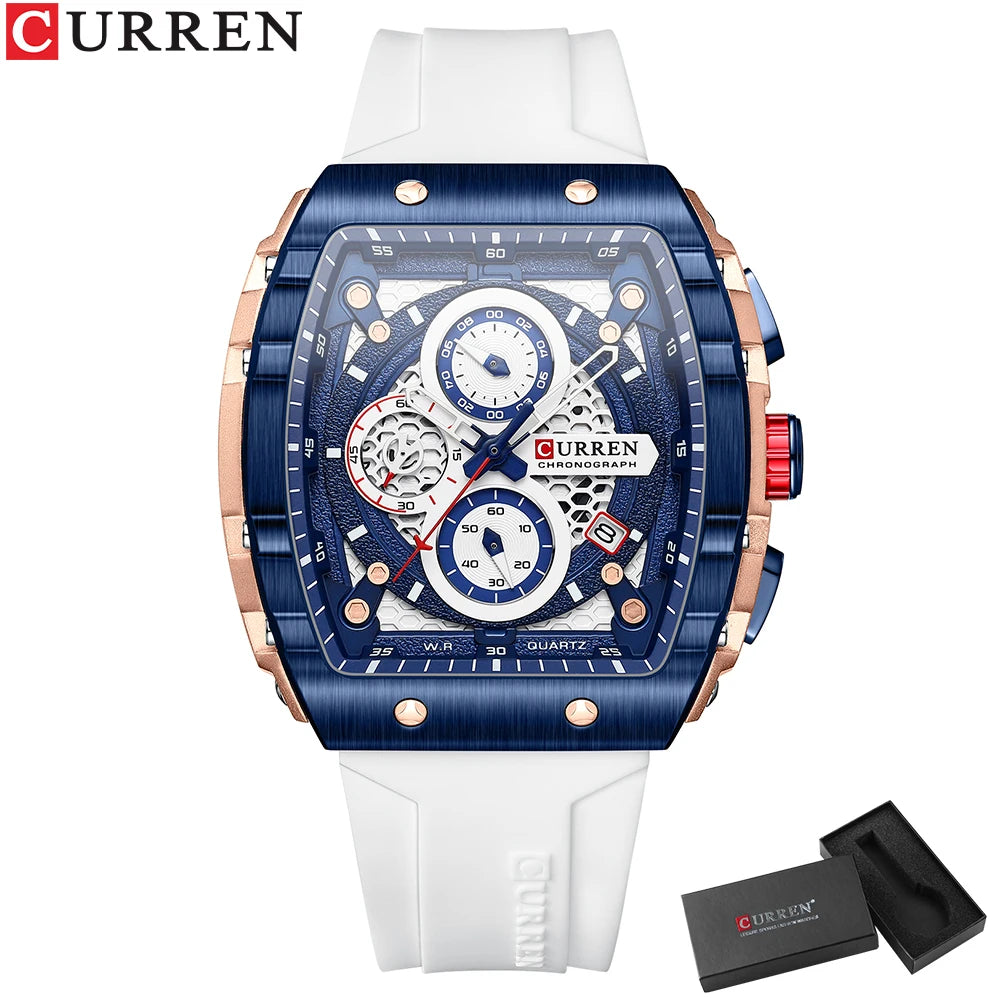 CURREN Square  Quartz Wristwatches Silicone Straps Men's Watches With Auto Date Casual Chronograph Waterproof Luminous Clock Mal