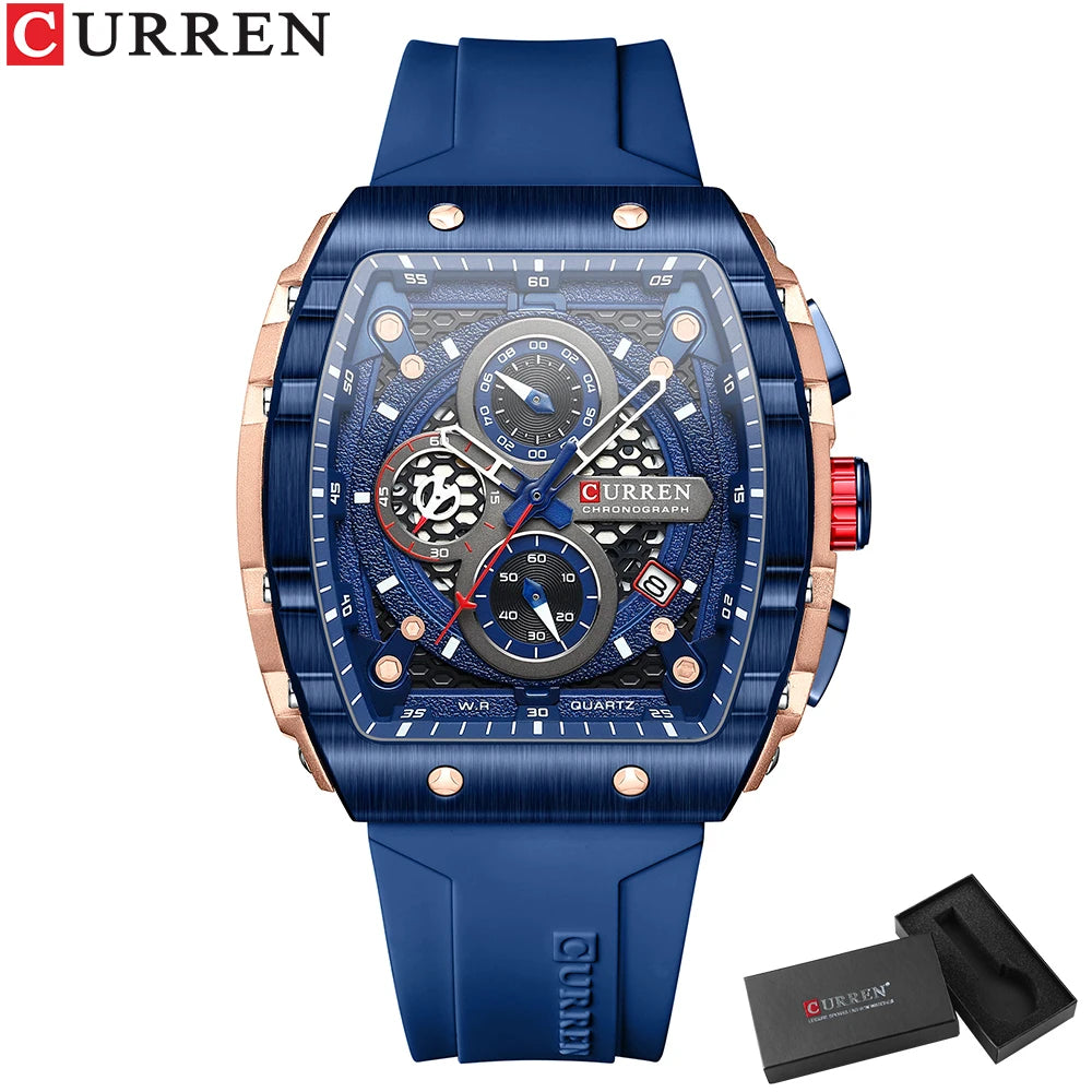 CURREN Square  Quartz Wristwatches Silicone Straps Men's Watches With Auto Date Casual Chronograph Waterproof Luminous Clock Mal