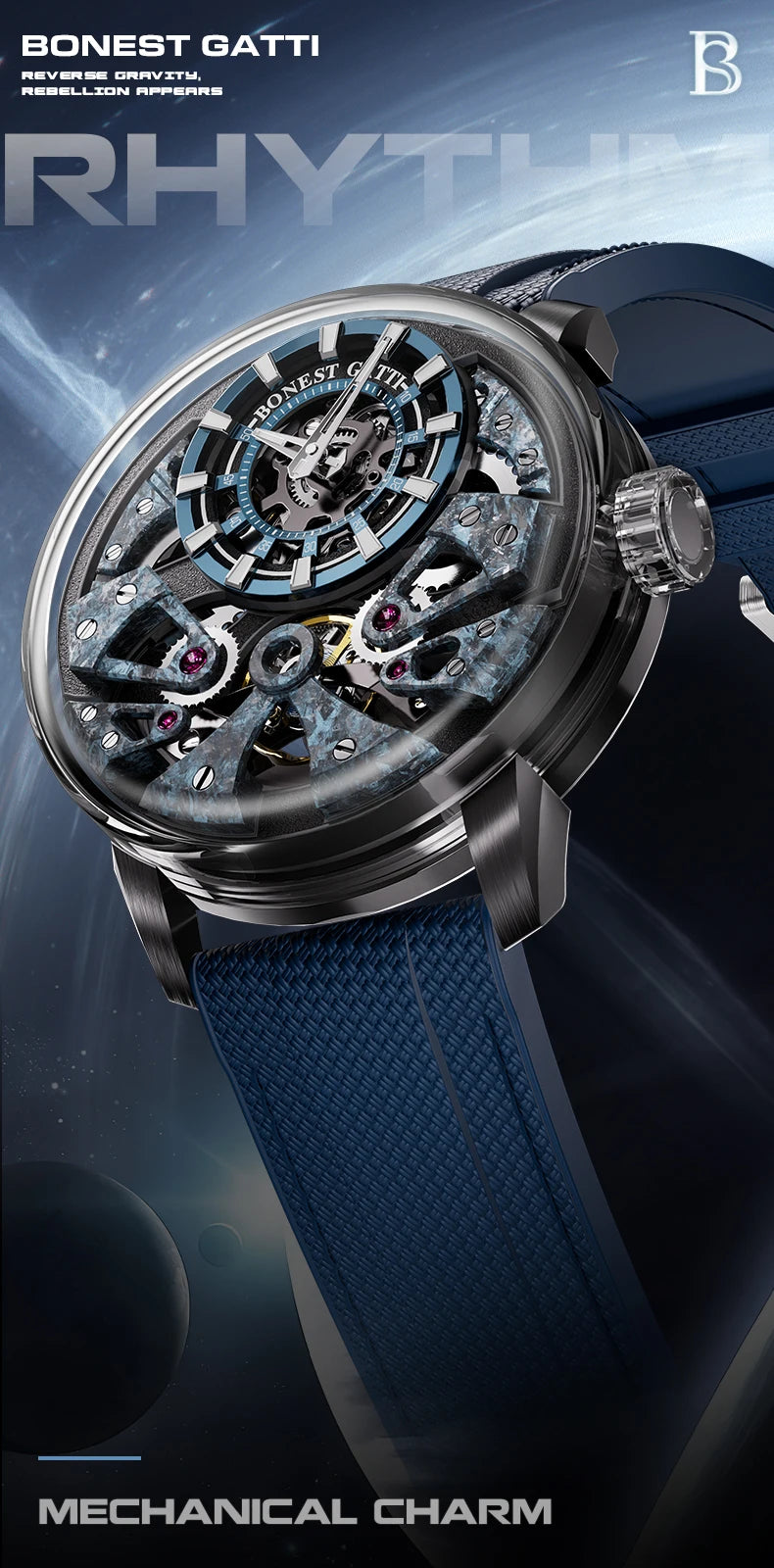 BONEST GATTI Men's Automatic Mechanical Watch with Sapphire Crystal, 316 Stainless Steel, Skeleton Movement, Waterproof, German