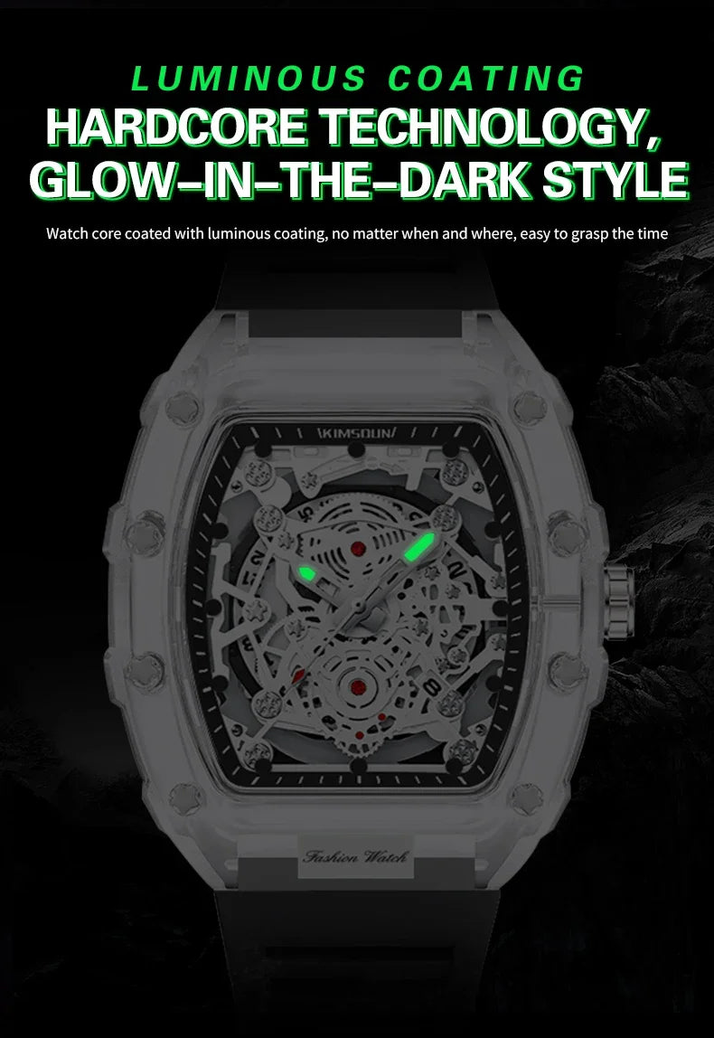 Fashionable Casual Men's Watch Luminous Calendar Function Silicone Strap Tonneau Shaped Transparent Case Men Quartz Watch Reloj