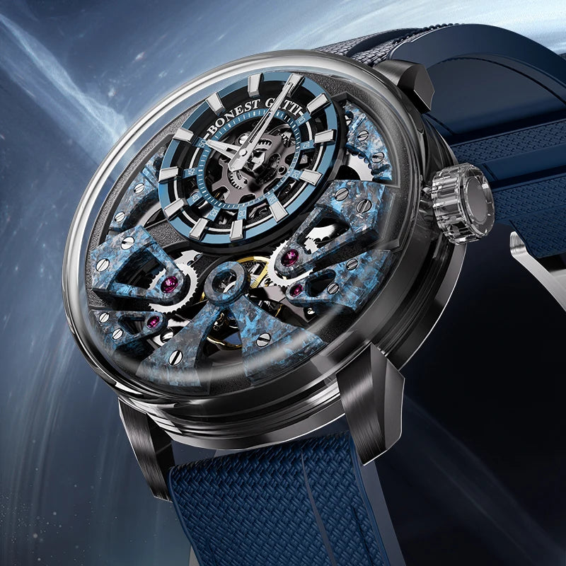 BONEST GATTI Men's Automatic Mechanical Watch with Sapphire Crystal, 316 Stainless Steel, Skeleton Movement, Waterproof, German