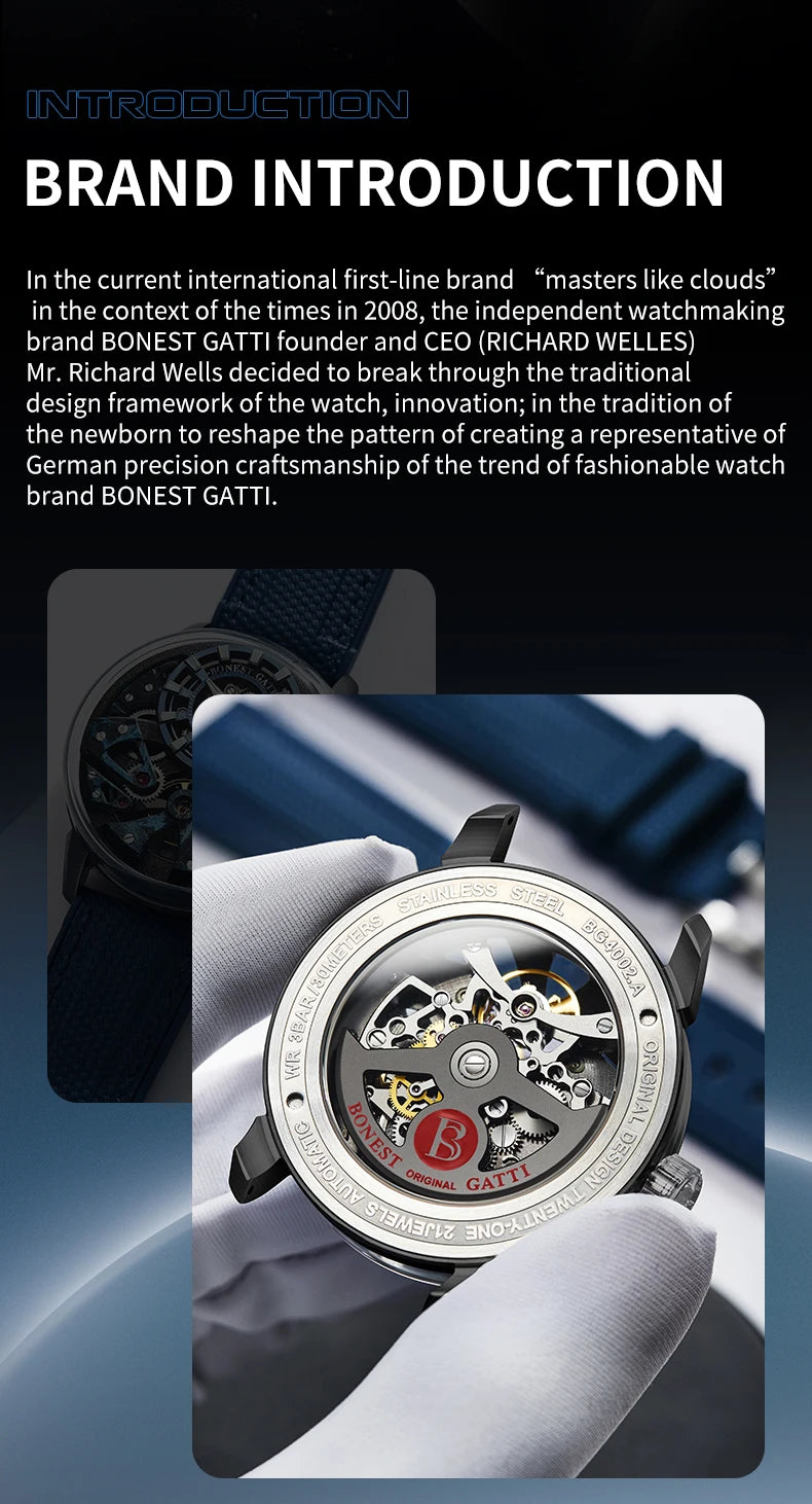 BONEST GATTI Men's Automatic Mechanical Watch with Sapphire Crystal, 316 Stainless Steel, Skeleton Movement, Waterproof, German