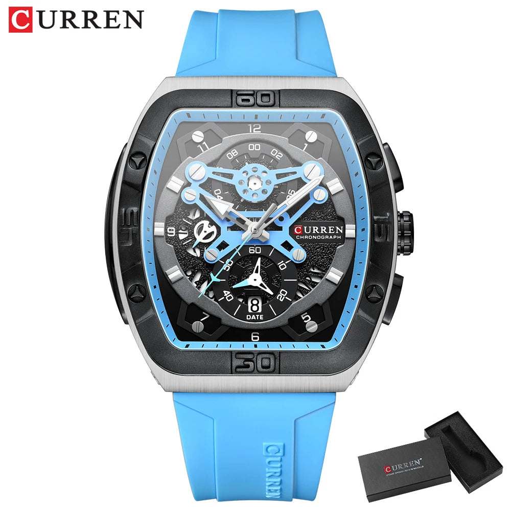 CURREN Luxury Sports Quartz Wristwatches for Men Colorful Multi Functional Tonneau Type Watch with Auto Date