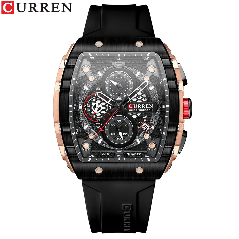 CURREN Square  Quartz Wristwatches Silicone Straps Men's Watches With Auto Date Casual Chronograph Waterproof Luminous Clock Mal