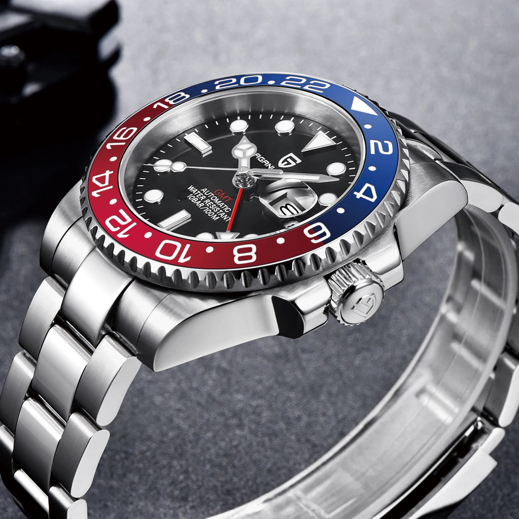 PAGANI DESIGN PD-1662 Luxury GMT Men Mechanical Wristwatch Sapphire Glass Stainless Steel 100M Waterproof Automatic Watches