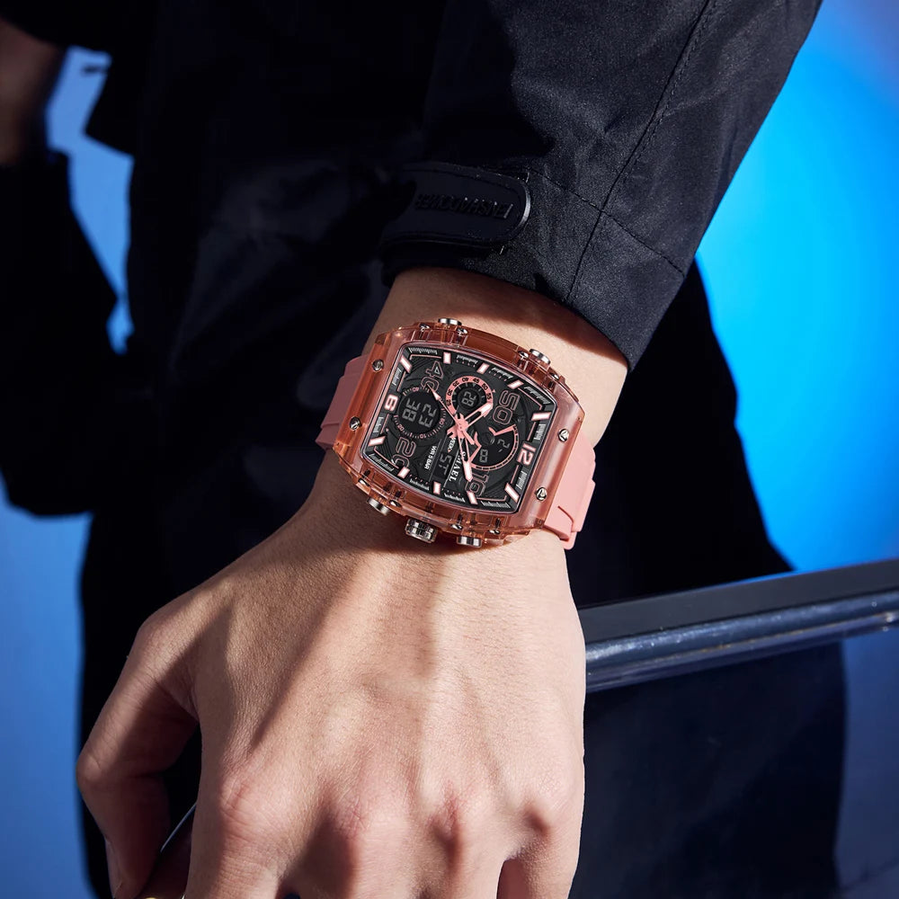 SMAEL Tonneau Dial Men's Watch Multifunctional Sport Waterproof LED Digital Dual Display Leisure Student Electronic Watches Male