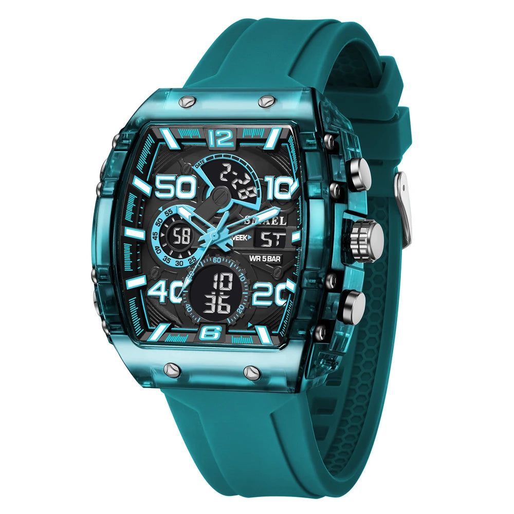 SMAEL Tonneau Dial Men's Watch Multifunctional Sport Waterproof LED Digital Dual Display Leisure Student Electronic Watches Male