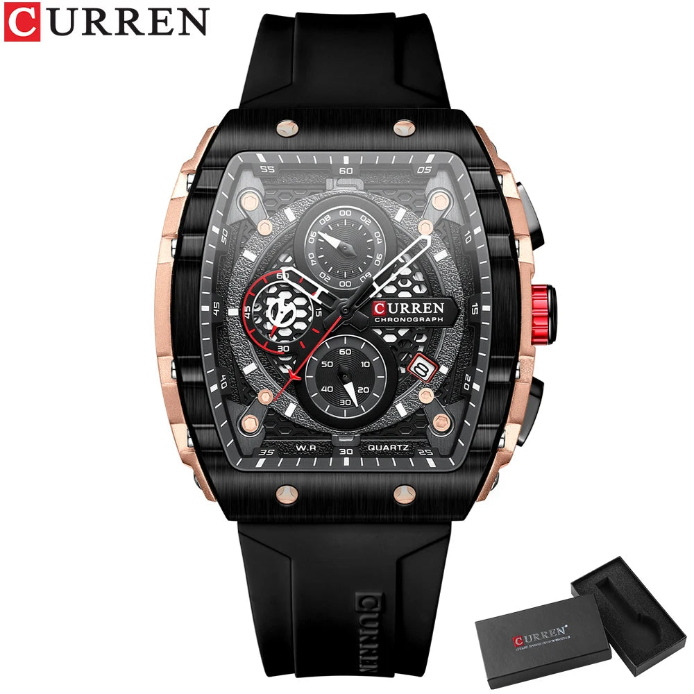 CURREN Square  Quartz Wristwatches Silicone Straps Men's Watches With Auto Date Casual Chronograph Waterproof Luminous Clock Mal