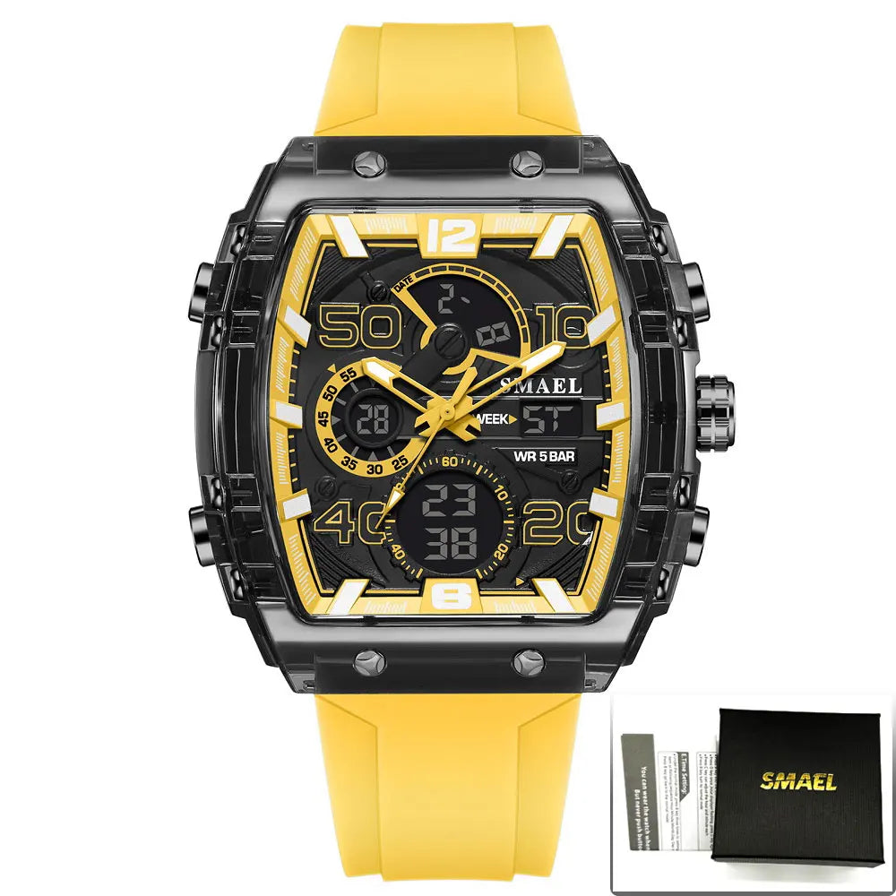 SMAEL Tonneau Dial Men's Watch Multifunctional Sport Waterproof LED Digital Dual Display Leisure Student Electronic Watches Male