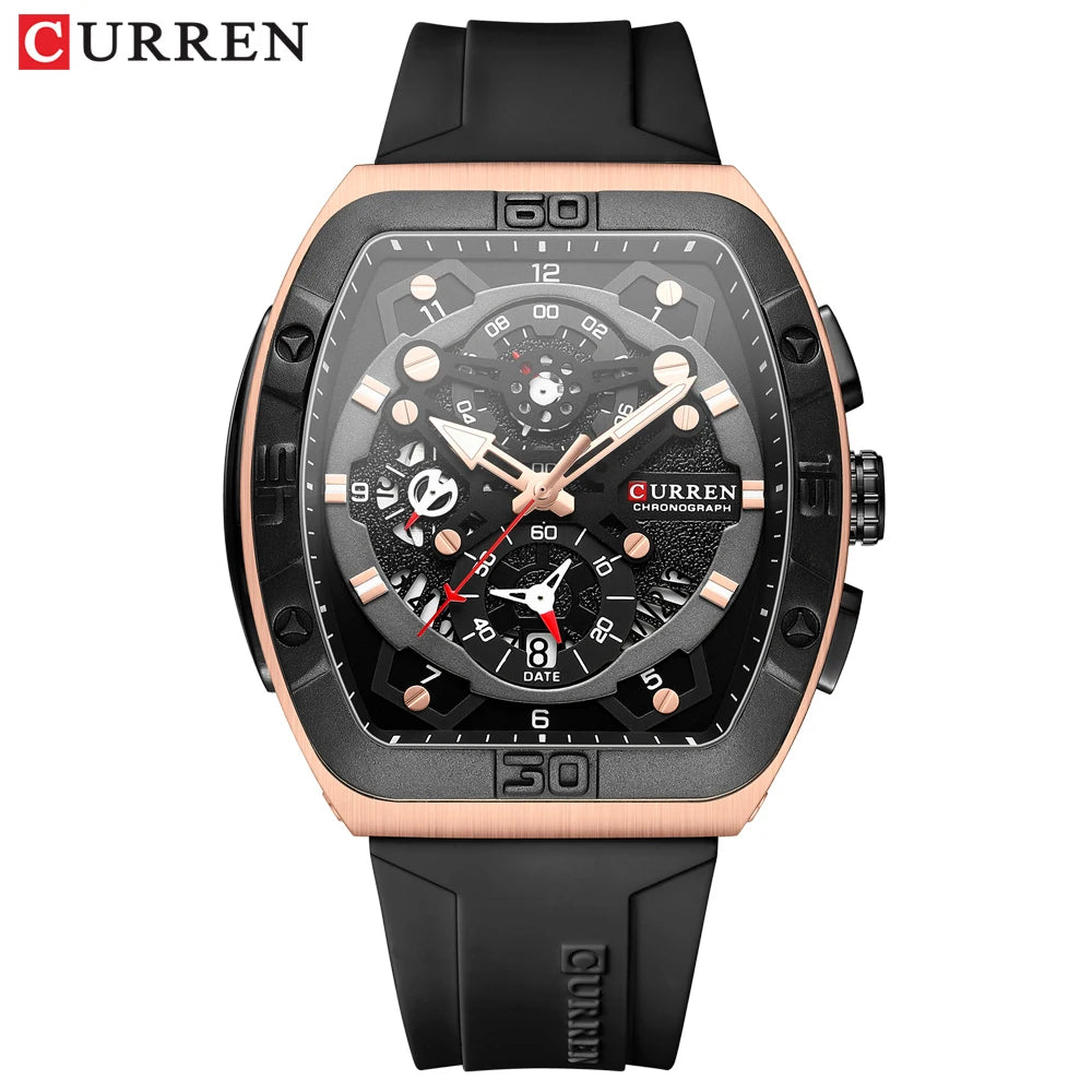 CURREN Luxury Sports Quartz Wristwatches for Men Colorful Multi Functional Tonneau Type Watch with Auto Date