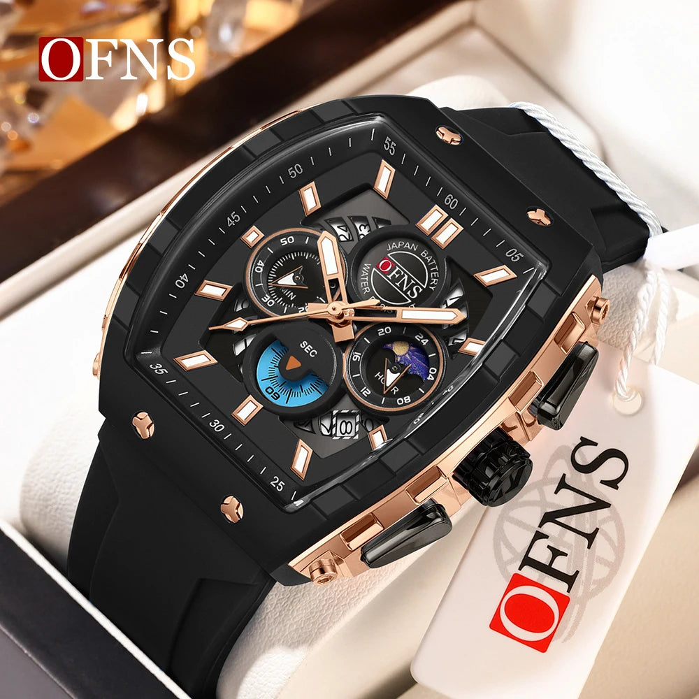 OFNS 1203 Luxury Men's Quartz Watch Multifunctional Timing Watch Three Eye Six Pin Quartz Watch Calendar Business Men's Watch