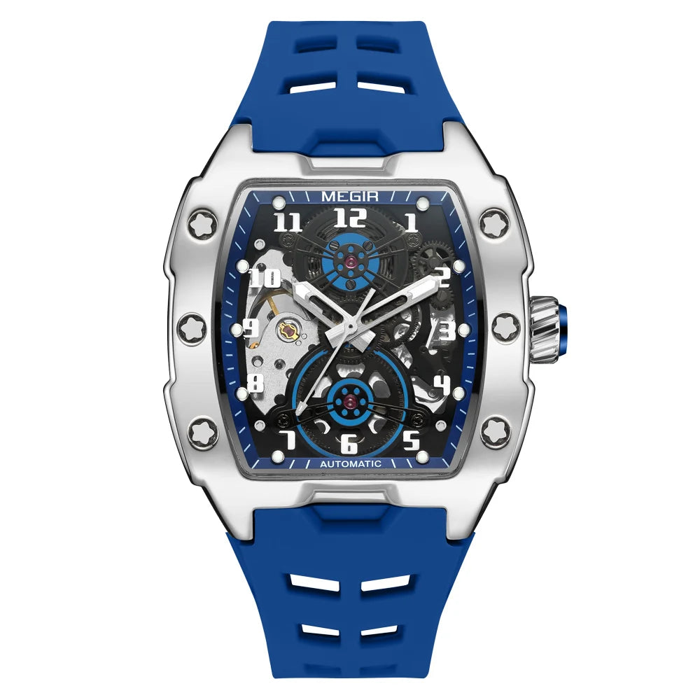 MEGIR Blue Automatic Mechanical Watch for Men Fashion Casual Sport Waterproof Wristwatch Male with Silicone Strap Tonneau Dial