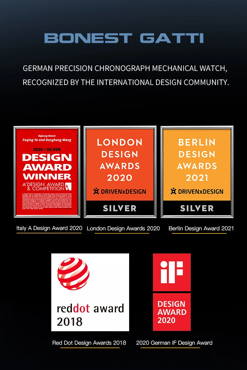 BONEST GATTI Men's Automatic Mechanical Watch with Sapphire Crystal, 316 Stainless Steel, Skeleton Movement, Waterproof, German