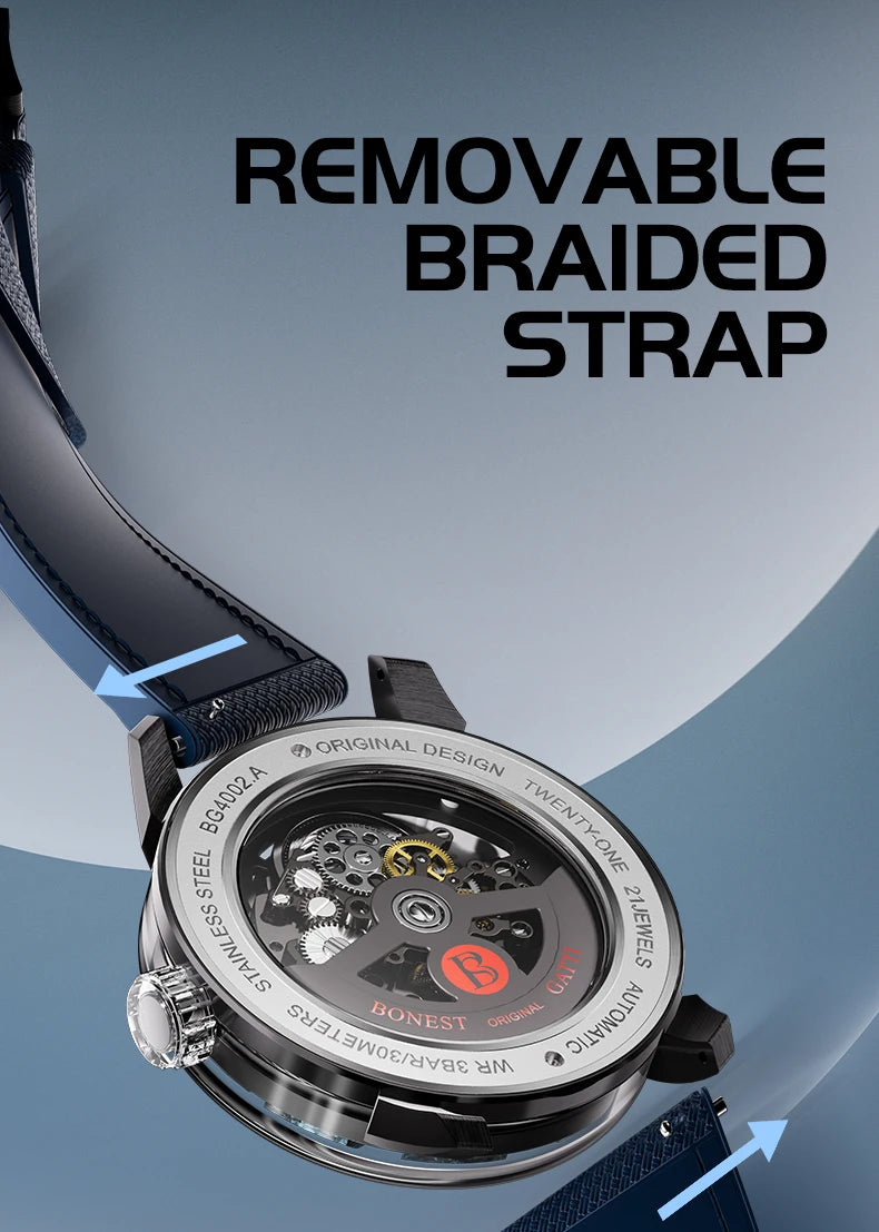 BONEST GATTI Men's Automatic Mechanical Watch with Sapphire Crystal, 316 Stainless Steel, Skeleton Movement, Waterproof, German