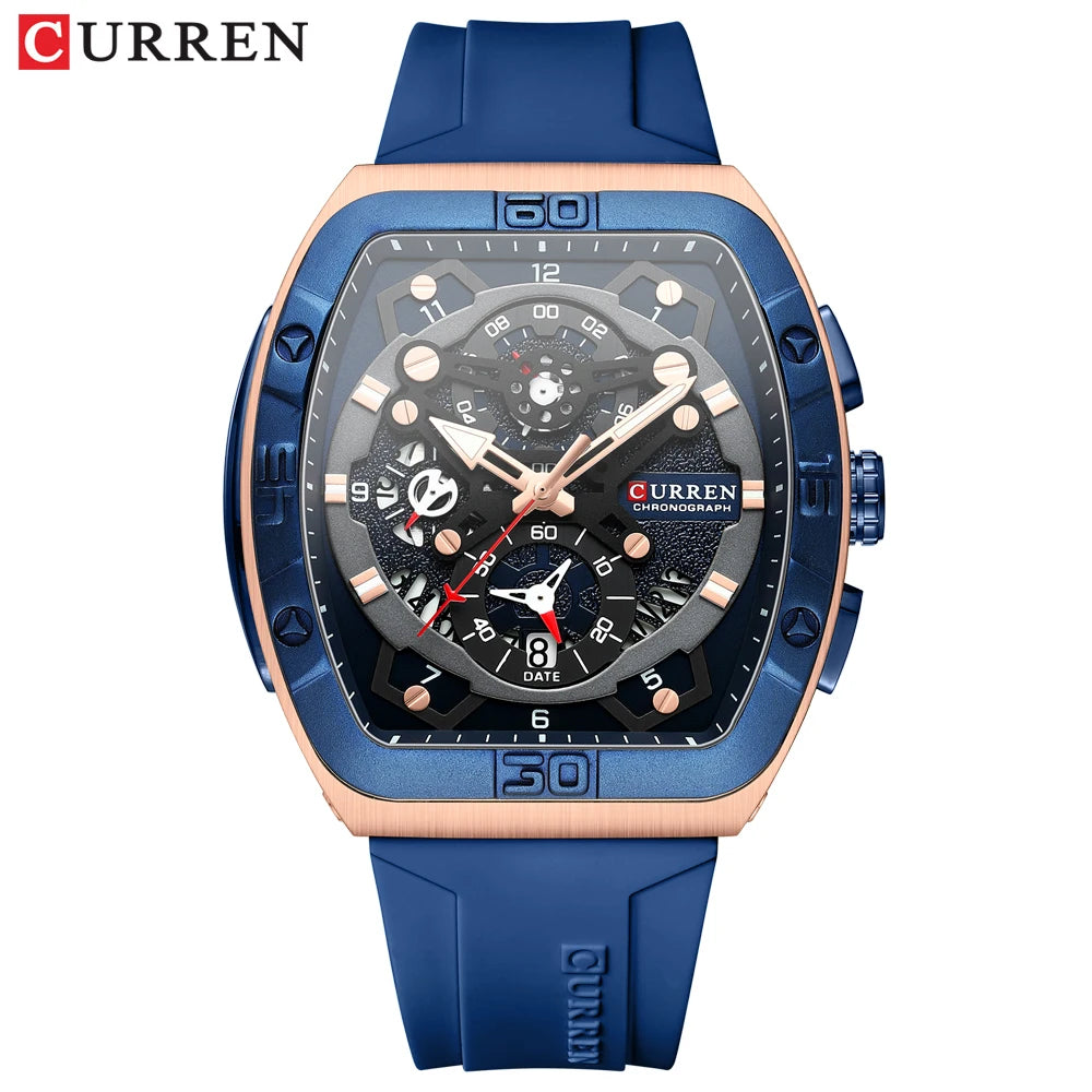 CURREN Luxury Sports Quartz Wristwatches for Men Colorful Multi Functional Tonneau Type Watch with Auto Date