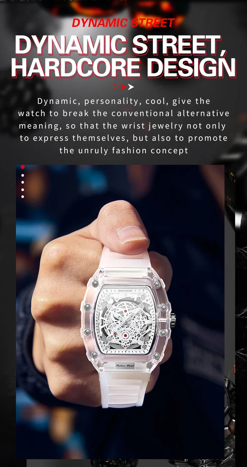 Fashionable Casual Men's Watch Luminous Calendar Function Silicone Strap Tonneau Shaped Transparent Case Men Quartz Watch Reloj