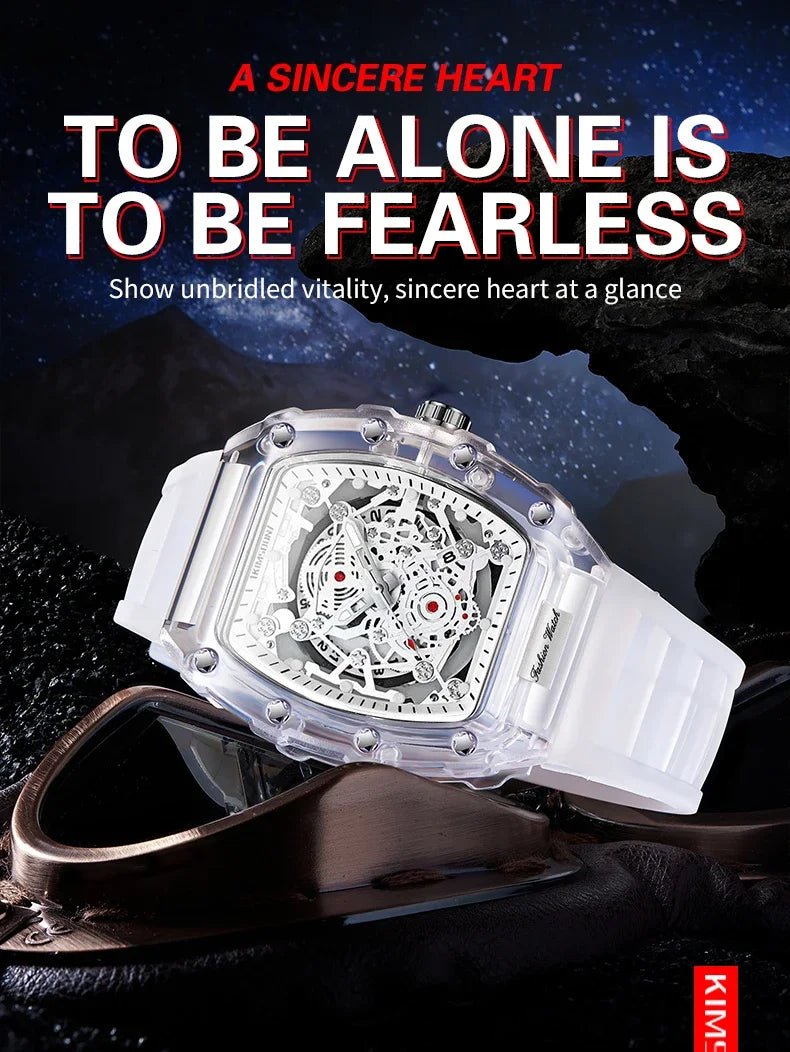 Fashionable Casual Men's Watch Luminous Calendar Function Silicone Strap Tonneau Shaped Transparent Case Men Quartz Watch Reloj