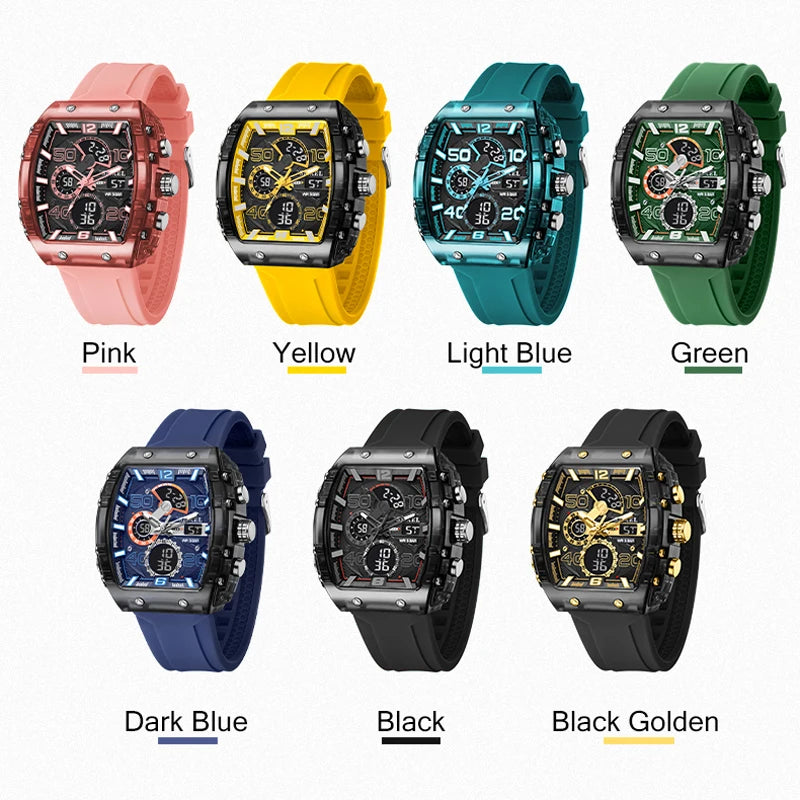 SMAEL Tonneau Dial Men's Watch Multifunctional Sport Waterproof LED Digital Dual Display Leisure Student Electronic Watches Male