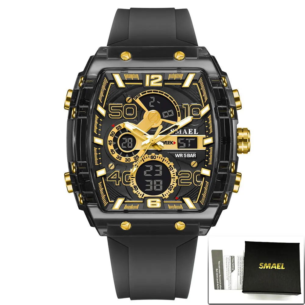 SMAEL Tonneau Dial Men's Watch Multifunctional Sport Waterproof LED Digital Dual Display Leisure Student Electronic Watches Male