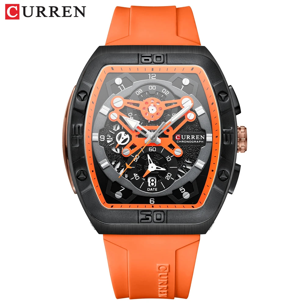 CURREN Luxury Sports Quartz Wristwatches for Men Colorful Multi Functional Tonneau Type Watch with Auto Date