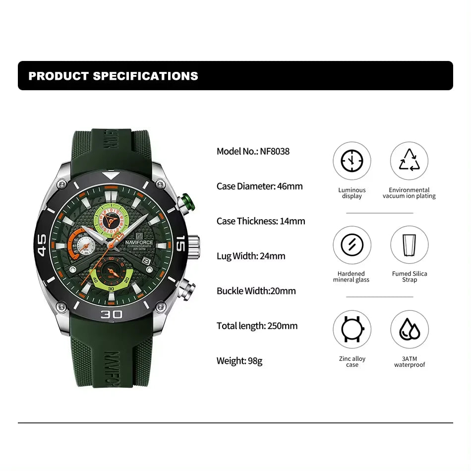 NAVIFORCE Sport Watch for Men Waterproof Quartz Wristwatch Chronograph Military Clock With Luminous Reloj Hombre Male Gift 2024