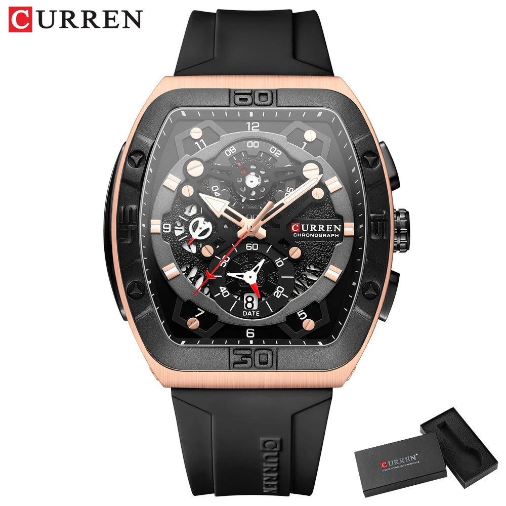 CURREN Luxury Sports Quartz Wristwatches for Men Colorful Multi Functional Tonneau Type Watch with Auto Date