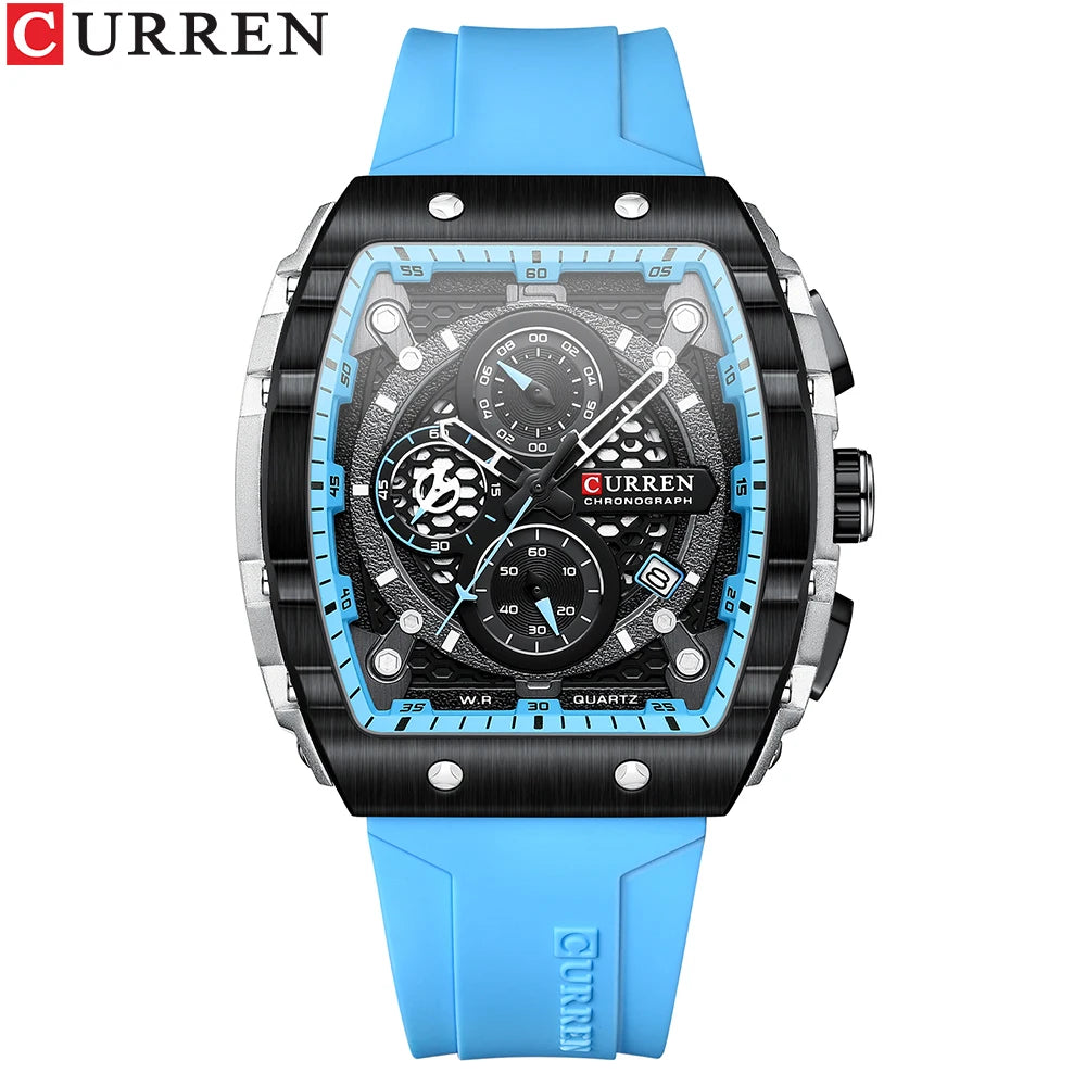 CURREN Square  Quartz Wristwatches Silicone Straps Men's Watches With Auto Date Casual Chronograph Waterproof Luminous Clock Mal