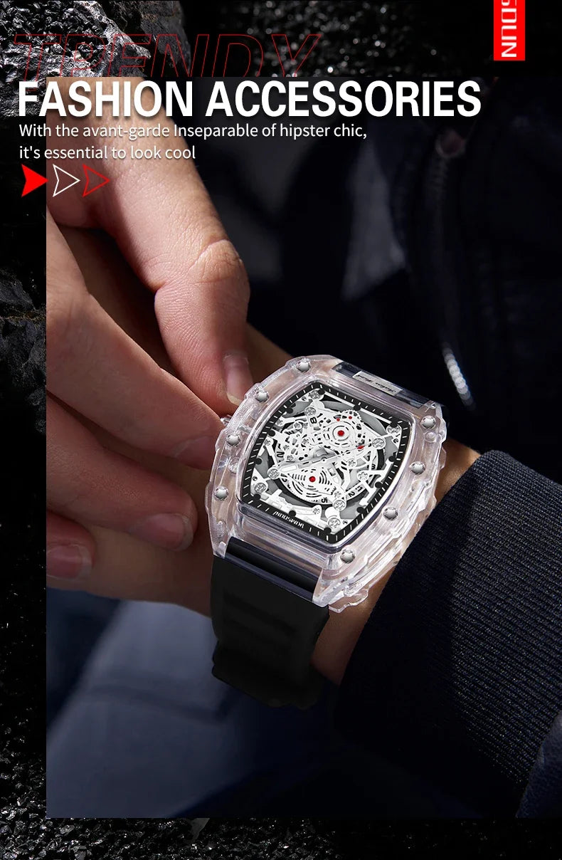 Fashionable Casual Men's Watch Luminous Calendar Function Silicone Strap Tonneau Shaped Transparent Case Men Quartz Watch Reloj