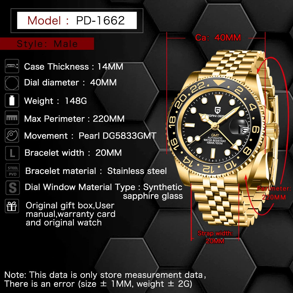 2025 PAGANI DESIGN New PD-1662 V5 Men Mechanical Watches Luxury Ceramic Bezel Automatic Watch 100M Waterproof GMT Watch for Men