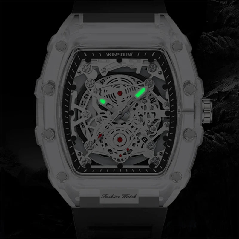 Fashionable Casual Men's Watch Luminous Calendar Function Silicone Strap Tonneau Shaped Transparent Case Men Quartz Watch Reloj