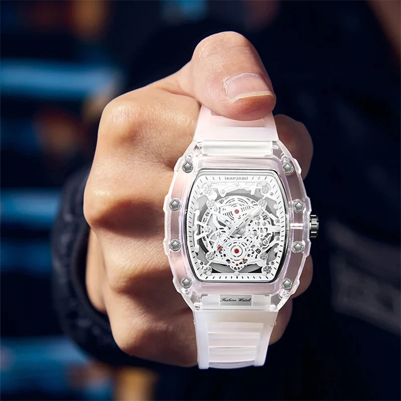 Fashionable Casual Men's Watch Luminous Calendar Function Silicone Strap Tonneau Shaped Transparent Case Men Quartz Watch Reloj