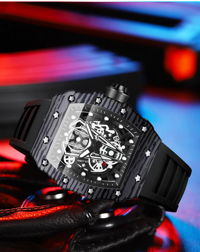 BINBOND Brand Men Watch Domineering Barrel Watch Curved Mirror Hollow Surface Sports Men Watch Silicone Quartz Wristwatch B8577