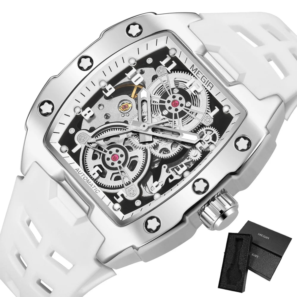 MEGIR Blue Automatic Mechanical Watch for Men Fashion Casual Sport Waterproof Wristwatch Male with Silicone Strap Tonneau Dial