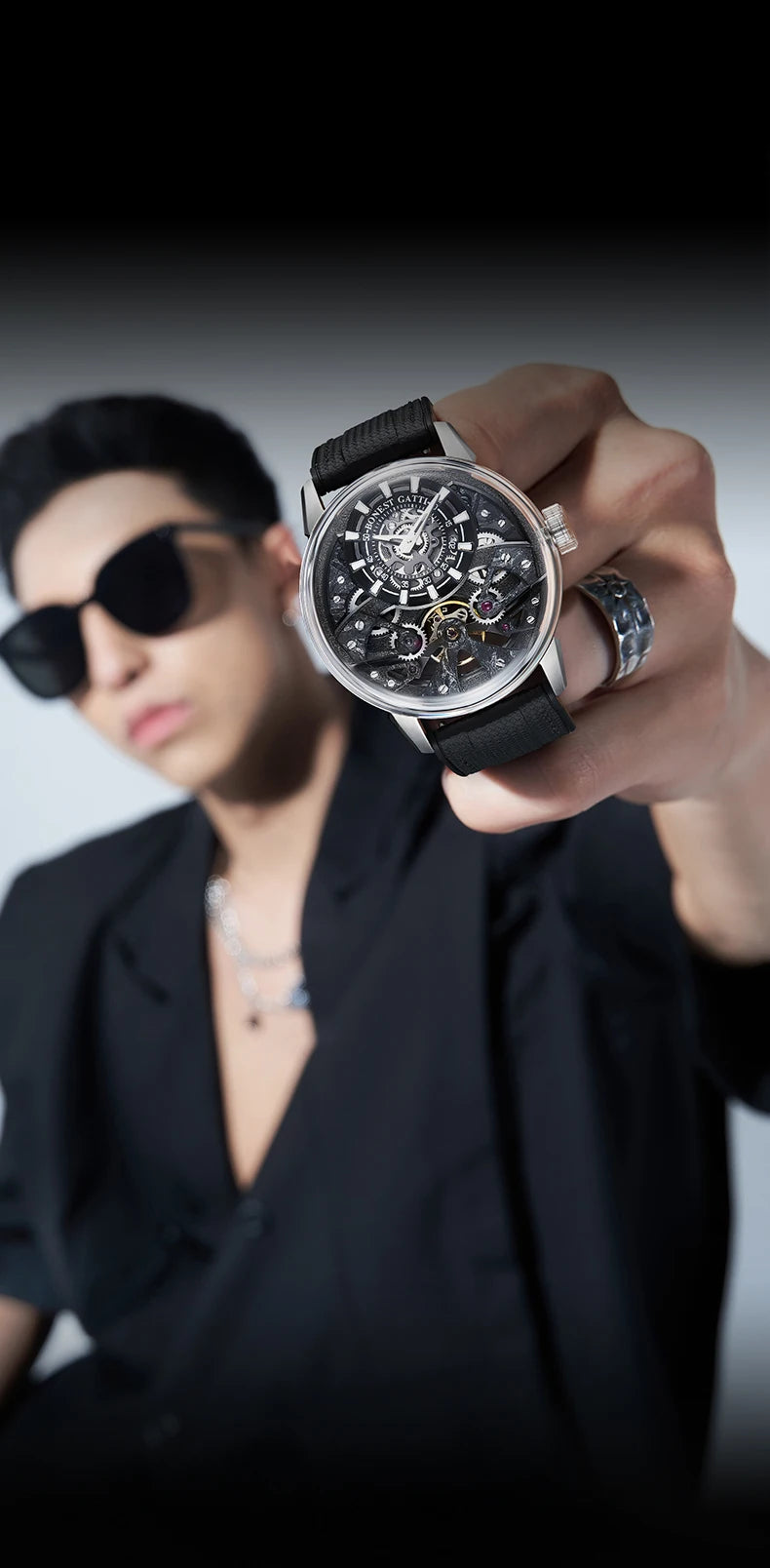 BONEST GATTI Men's Automatic Mechanical Watch with Sapphire Crystal, 316 Stainless Steel, Skeleton Movement, Waterproof, German