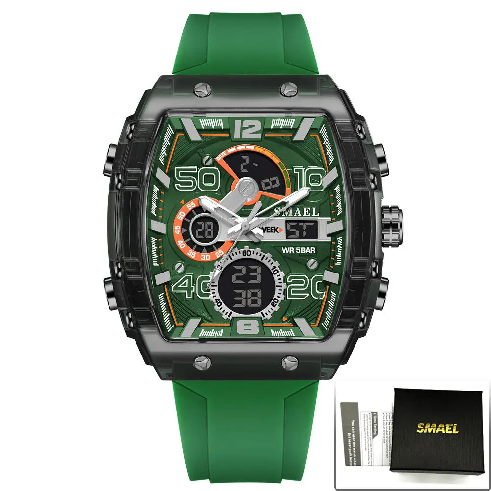 SMAEL Tonneau Dial Men's Watch Multifunctional Sport Waterproof LED Digital Dual Display Leisure Student Electronic Watches Male