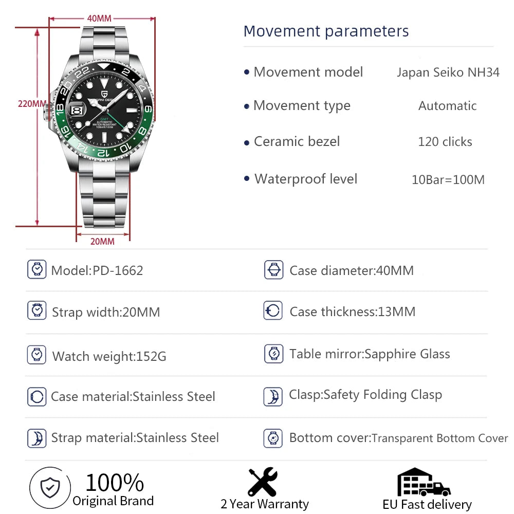 PAGANI DESIGN New NH34 Automatic Mechanical Watches Men's Luxury Sapphire Glass 40MM Ceramic GMT Wristwatch 100M Waterproof